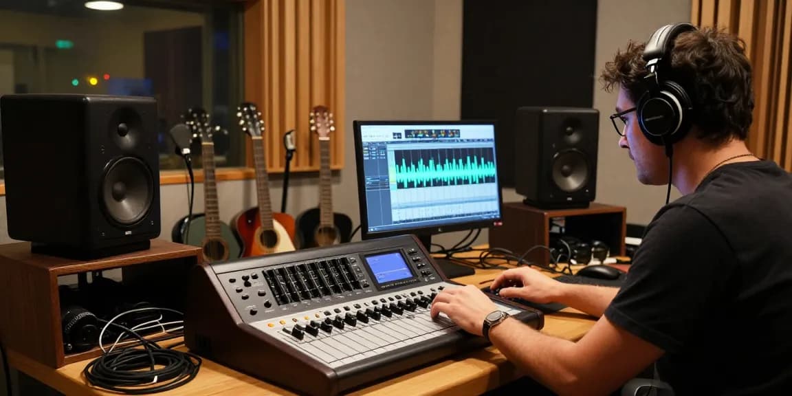 Sound engineer using the da88 multitrack recorder in a professional audio studio with warm lighting and acoustic panels.