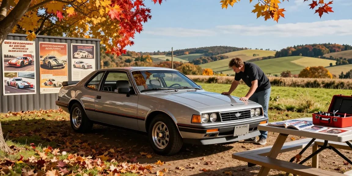 A car enthusiast closely examining a 1988 Holden HSV SV88 in an autumn landscape, showcasing the vehicle's classic design and automotive culture.