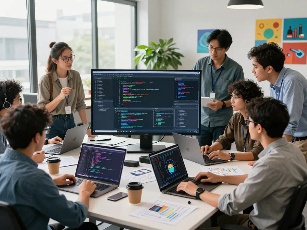 Team of developers collaborating on hbet tech visualizations in modern office.