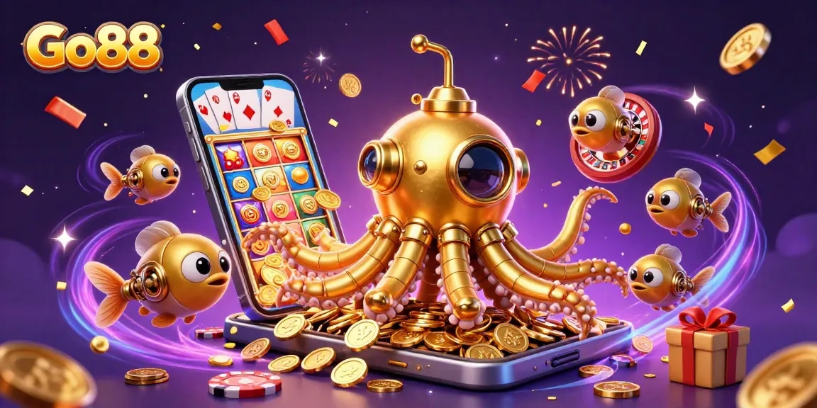 Experience thrilling gameplay with Go88’s vibrant golden kraken and slot game elements!
