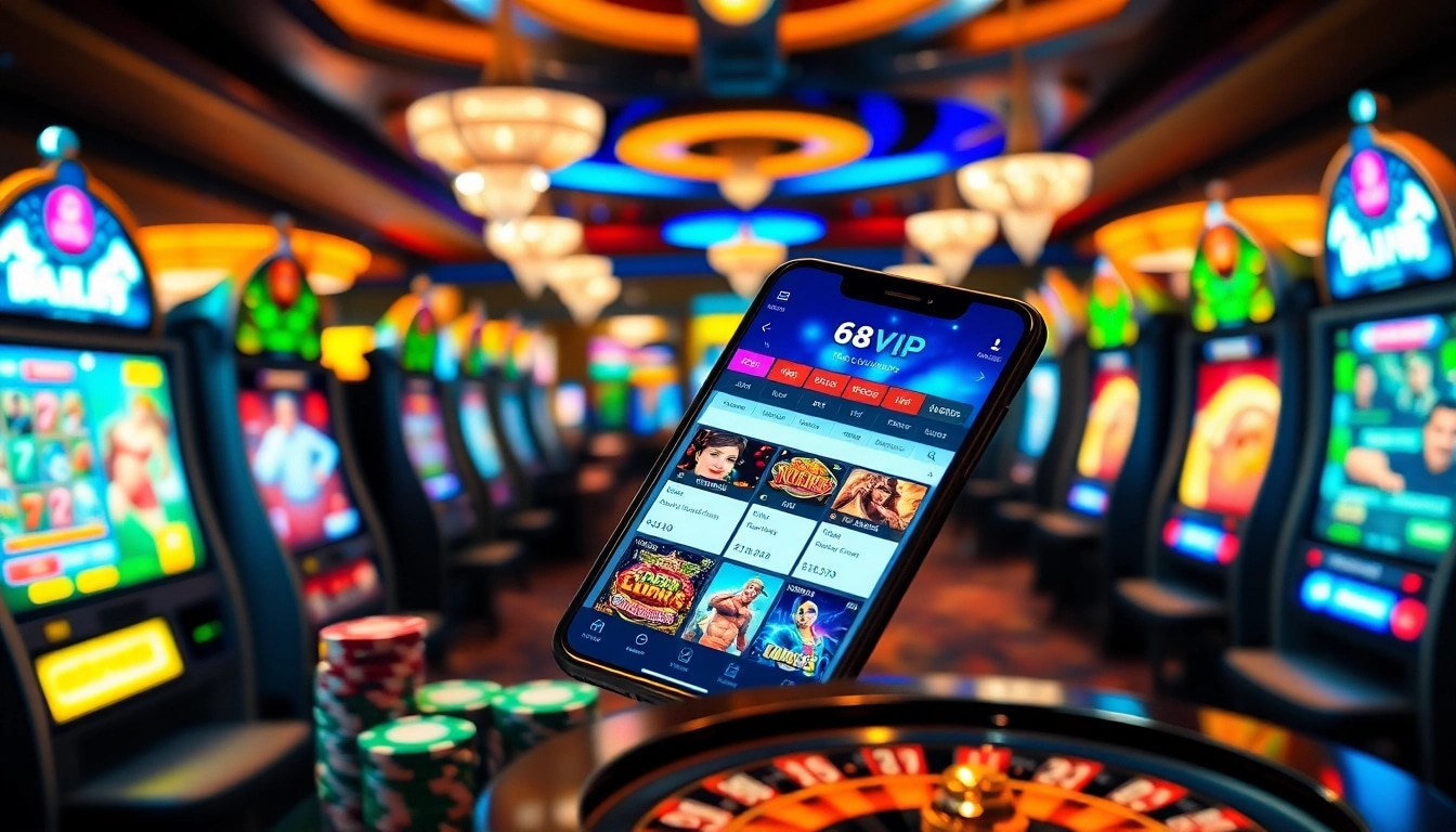 Experience the thrill of gambling with Tải App Nhà Cái 68VIP, featuring a sleek mobile interface and vibrant casino elements.