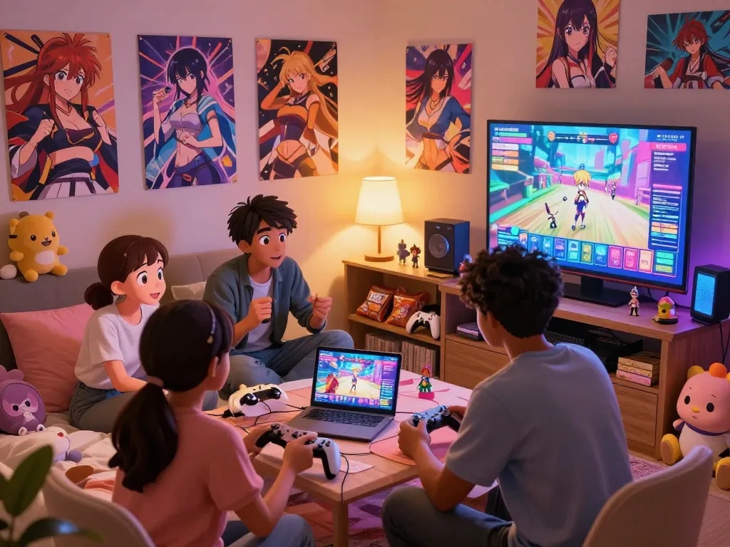 Engaging interactive scene with characters playing a hentai game in a cozy bedroom setting.