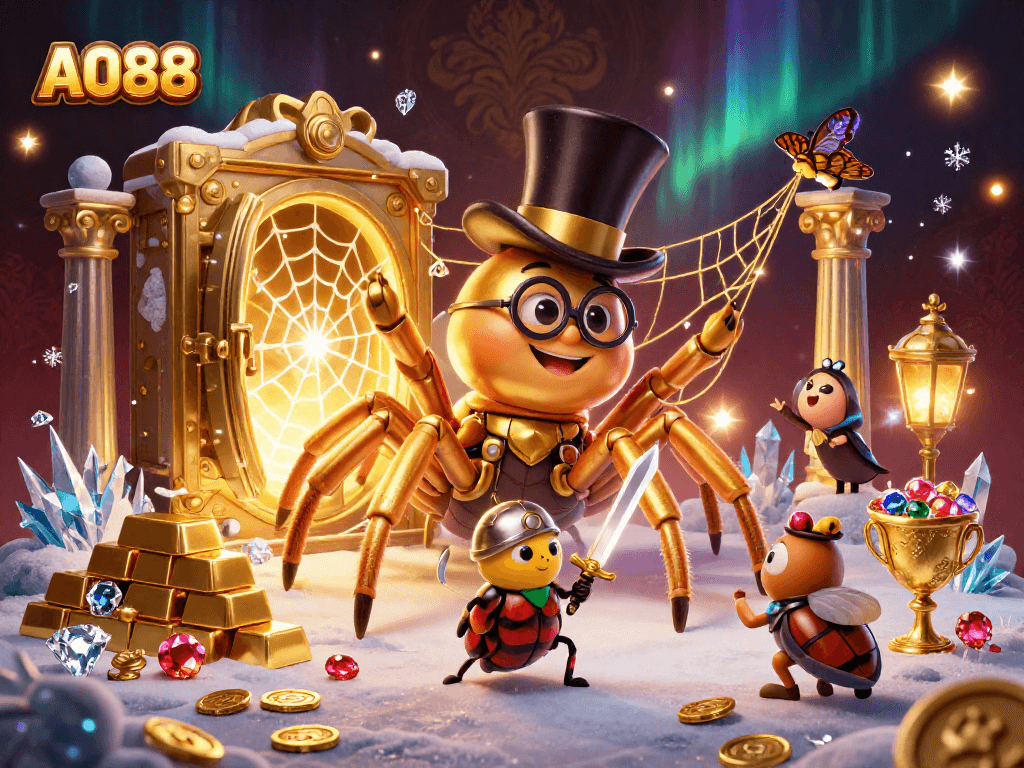 AO88 showcases a golden tarantula and a knight in a dynamic casino scene with treasures and sparkles.