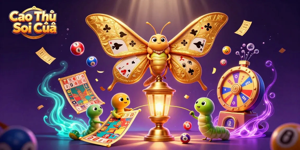 Cao Thủ Soi Cầu showcases an enchanting scene with a golden moth illustrating casino excitement and vibrant lottery dynamics.