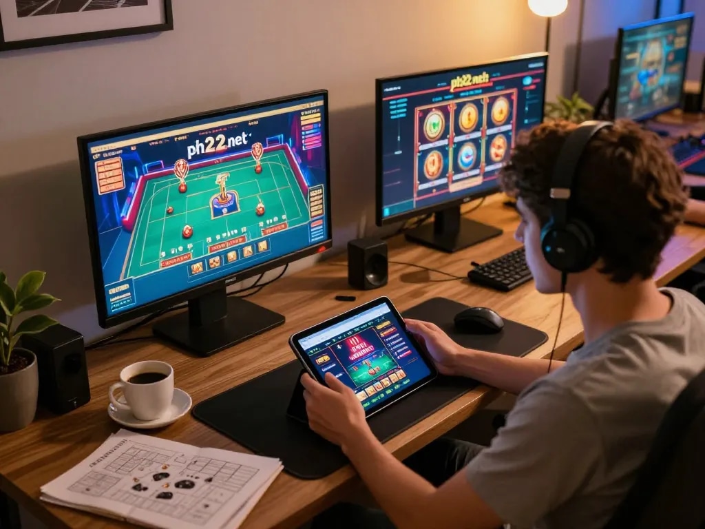 Person engaging with ph22.net.ph app while enjoying the thrill of online gaming at home.