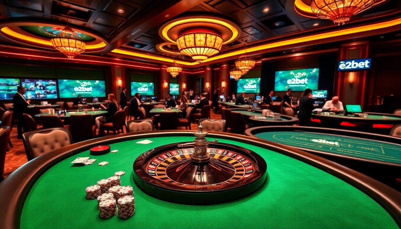 Experience E2bet's vibrant casino atmosphere with tables, chips, and thrilling gameplay.