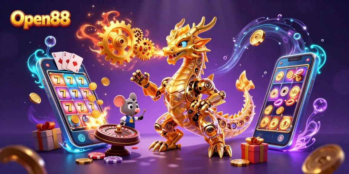 Spin to win at Open88 with a dynamic dragon and colorful casino elements!