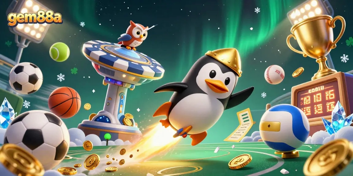 Join the excitement of gem88a casino with a golden penguin blasting through space.