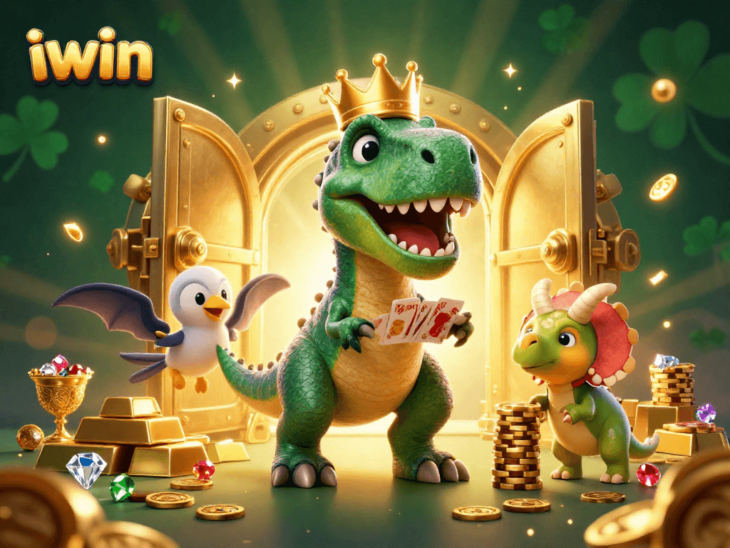 Experience the vibrant casino adventure with iwin as T-Rex shuffles cards and Triceratops stacks chips.