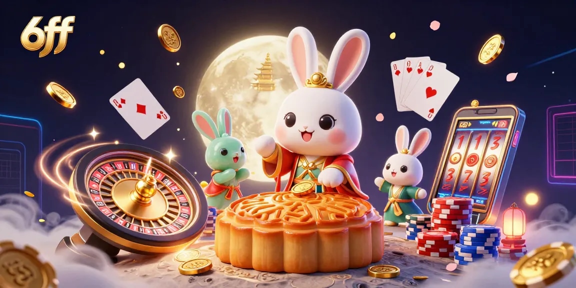 Experience thrilling gameplay with 6ff's moon rabbit as golden mooncakes reveal poker chips in a vibrant casino scene.