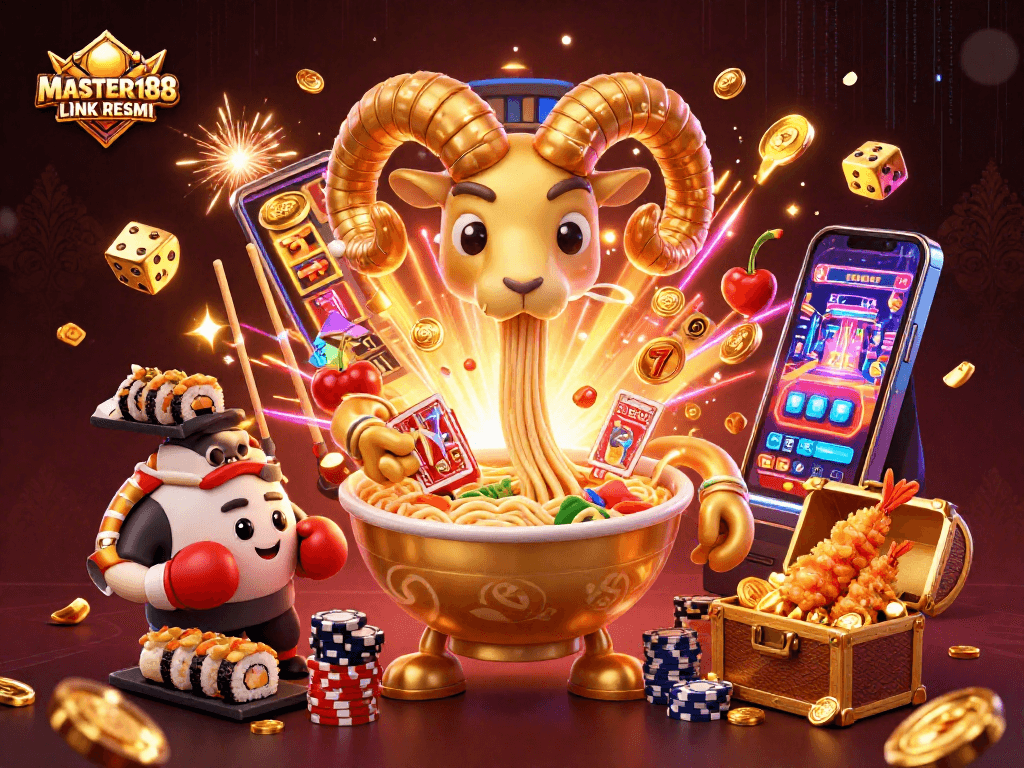 Experience the excitement of the MASTER188 LINK RESMI with vibrant casino elements in a dynamic 3D scene.