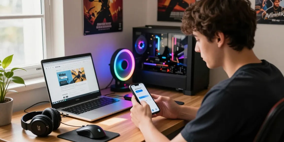 Downloading the Winbox apk baru on a smartphone at a cozy gaming desk with accessories.