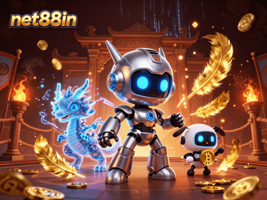 Experience thrilling action on net88in with dynamic 3D cyberpunk robot casino scene.