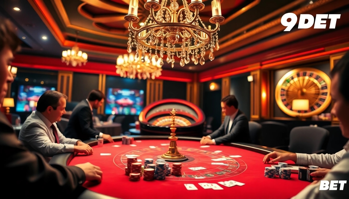 Players experiencing thrilling poker action at the luxurious 9BET casino table, capturing the excitement of high-stakes gambling.