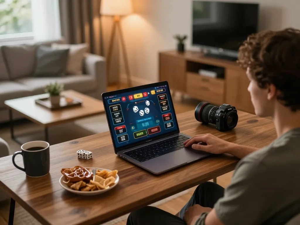 Engaged player analyzing tai xiu online betting interface on a laptop in a cozy home setting.