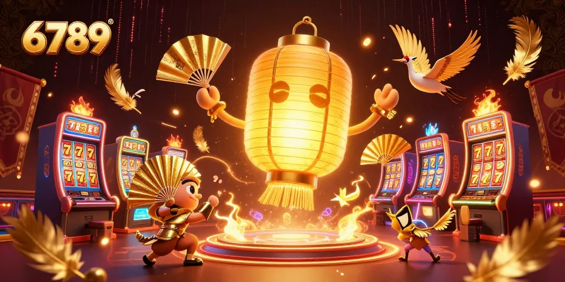 Experience 6789's vibrant casino atmosphere with lucky symbols and golden characters amid swirling golden feathers.