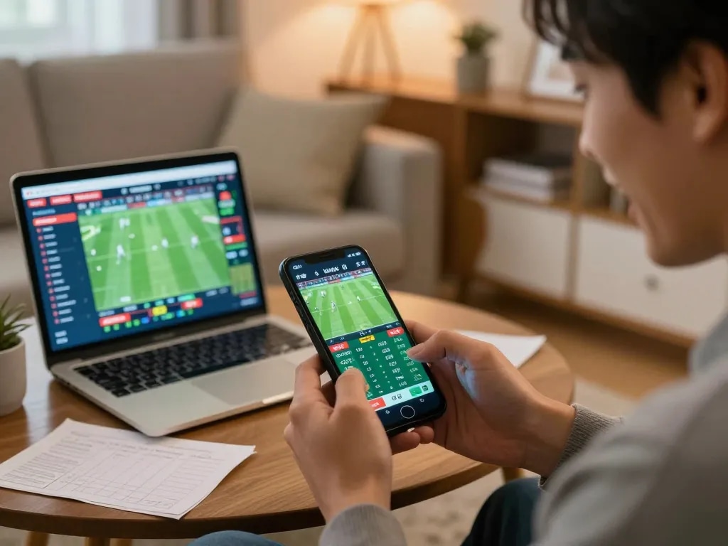 Soi kèo bóng đá while placing bets on a smartphone in a cozy home environment, showcasing excitement and engagement in live betting.