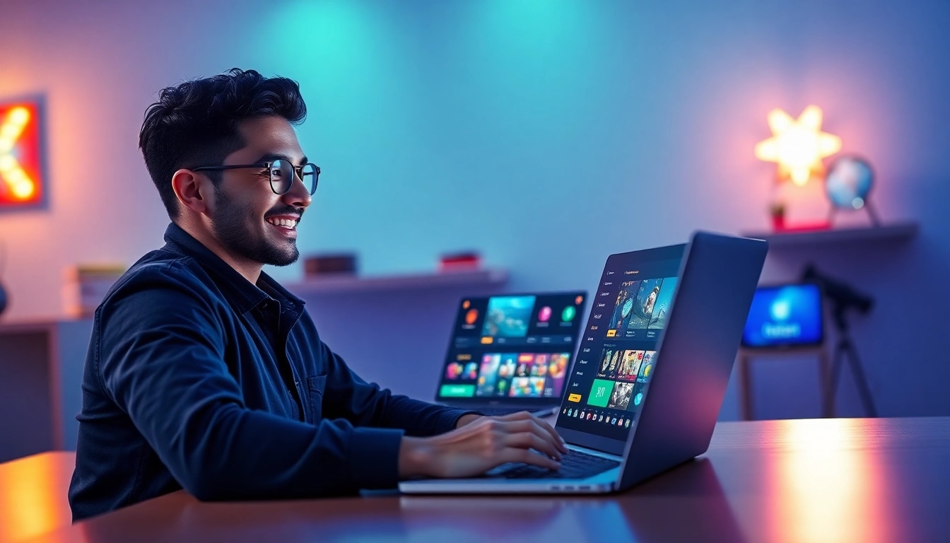 Engaging gamer interacting with 8day pro online gaming platform, showcasing user-friendly interface and vibrant colors.