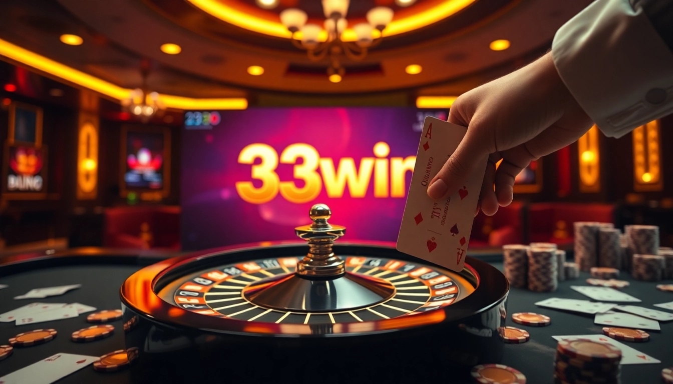Betting at a vibrant 33win online casino featuring poker chips and a roulette wheel.