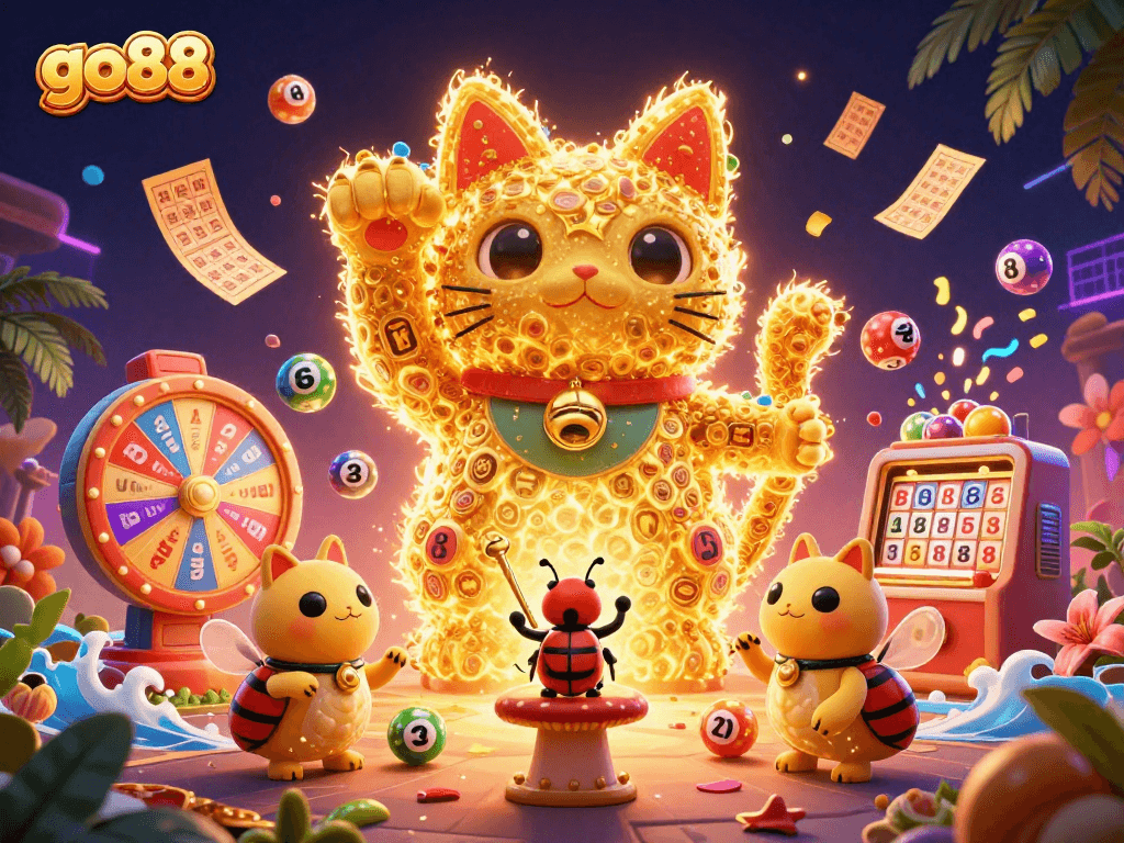 Experience the thrill of go88 with dynamic lottery and casino visuals in this vibrant 3D illustration