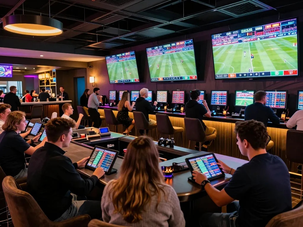 Excited bettors engaging in sports wagering at luck81's stylish betting lounge with live screens.