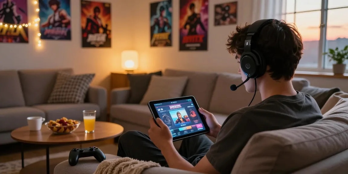 Player engrossed in free hentai games in a cozy living room setting
