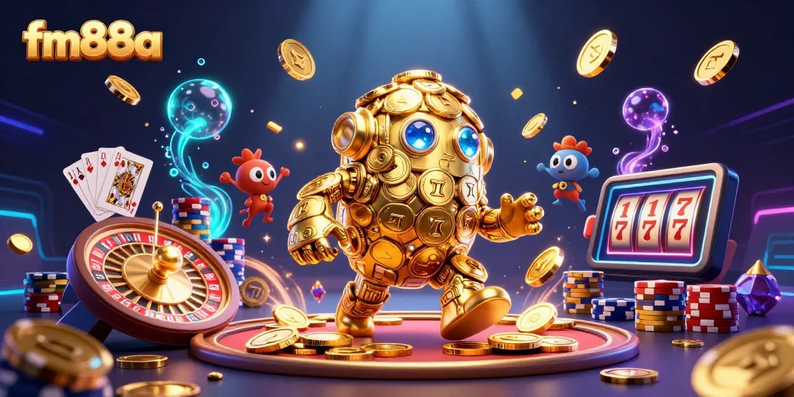 Experience immersive gaming action at fm88a with golden golem and casino elements.