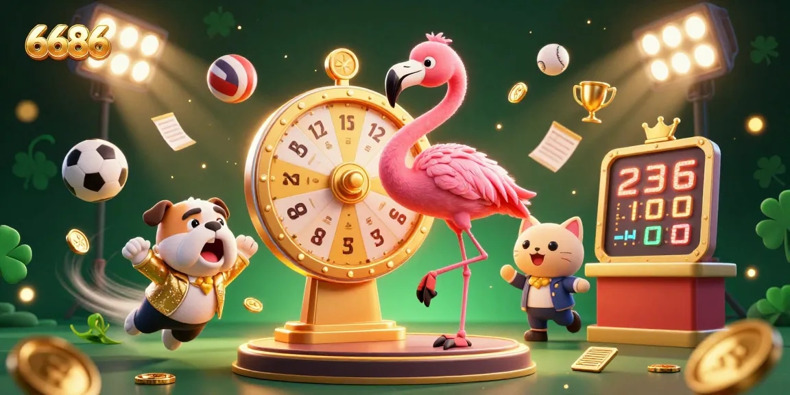 Experience the excitement of 6686 with a dynamic scene featuring a flamingo game show host and a bulldog contestant.