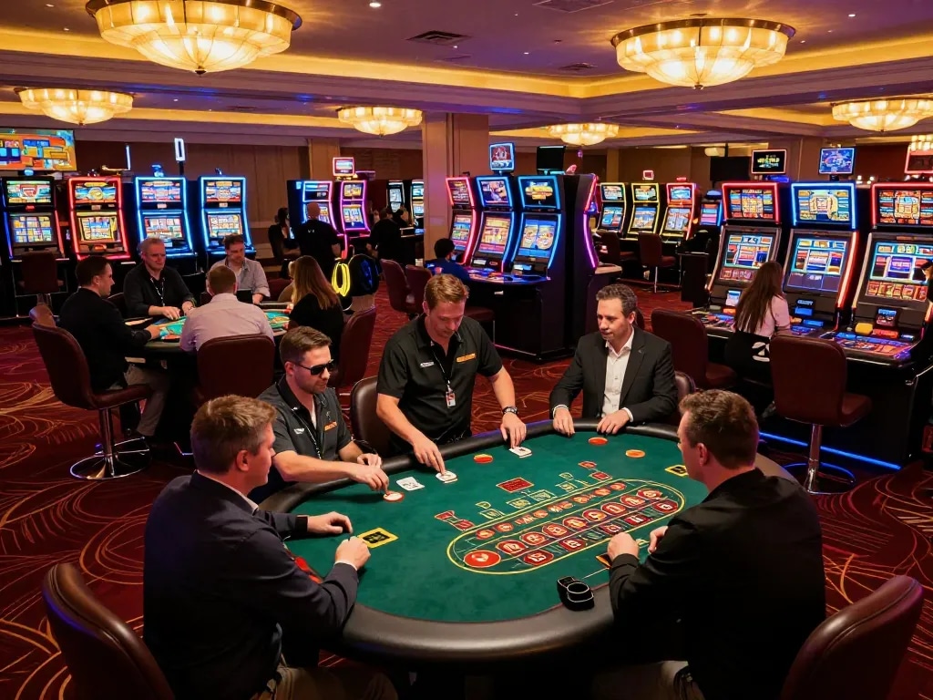 Players engage in lively nổ hũ games at a vibrant casino, showcasing dynamic gameplay and excitement.