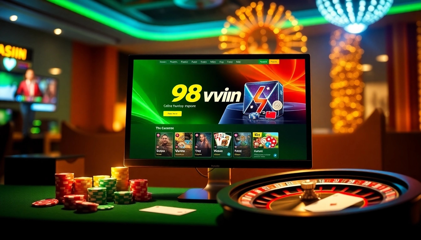 Experience the thrill of online gaming with 98win's vibrant digital casino atmosphere, featuring poker chips and a roulette wheel.