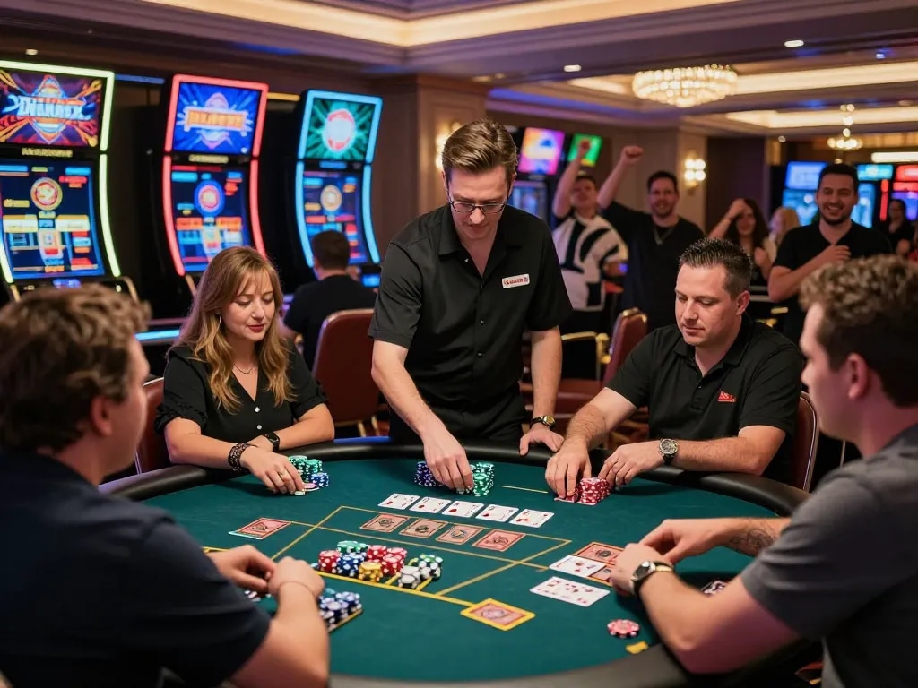 Exciting live casino scene showcasing man88 players engaged in a card game, vibrant atmosphere with dealer and cheering audience.