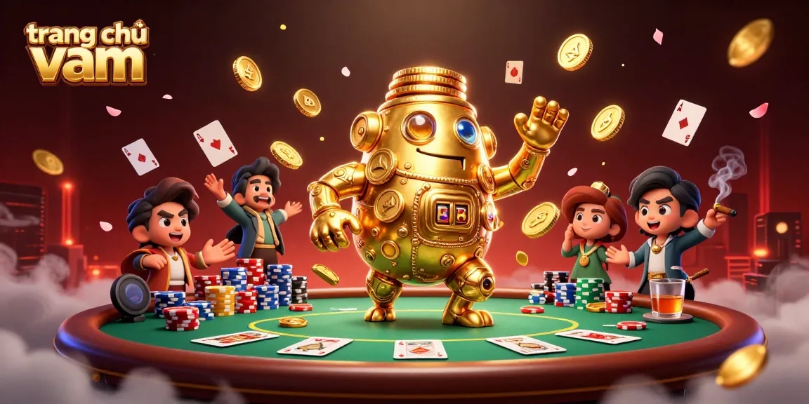 Experience the excitement of trang chủ vmax with a vibrant illustration of golden golem and poker elements.