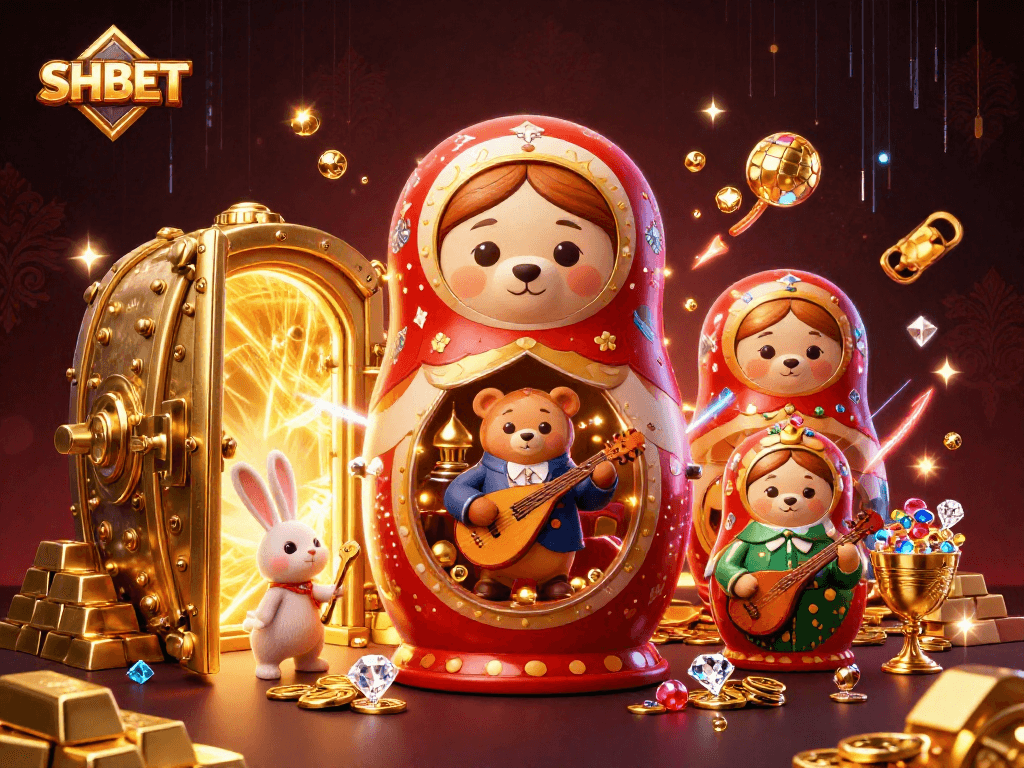 Play big at SHBET with a vibrant 3D illustration of Matryoshka bears and a serenading rabbit amid a treasure vault.