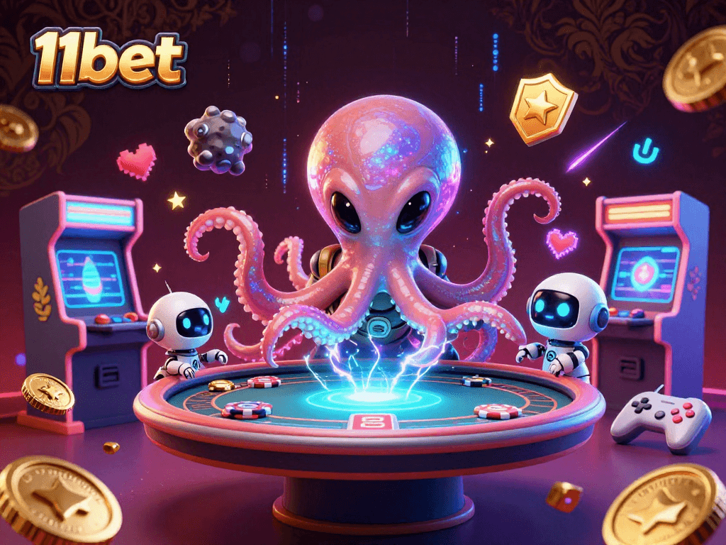 Engage with 11bet in this vibrant 3D casino scene showcasing an alien octopus at a holographic poker table.