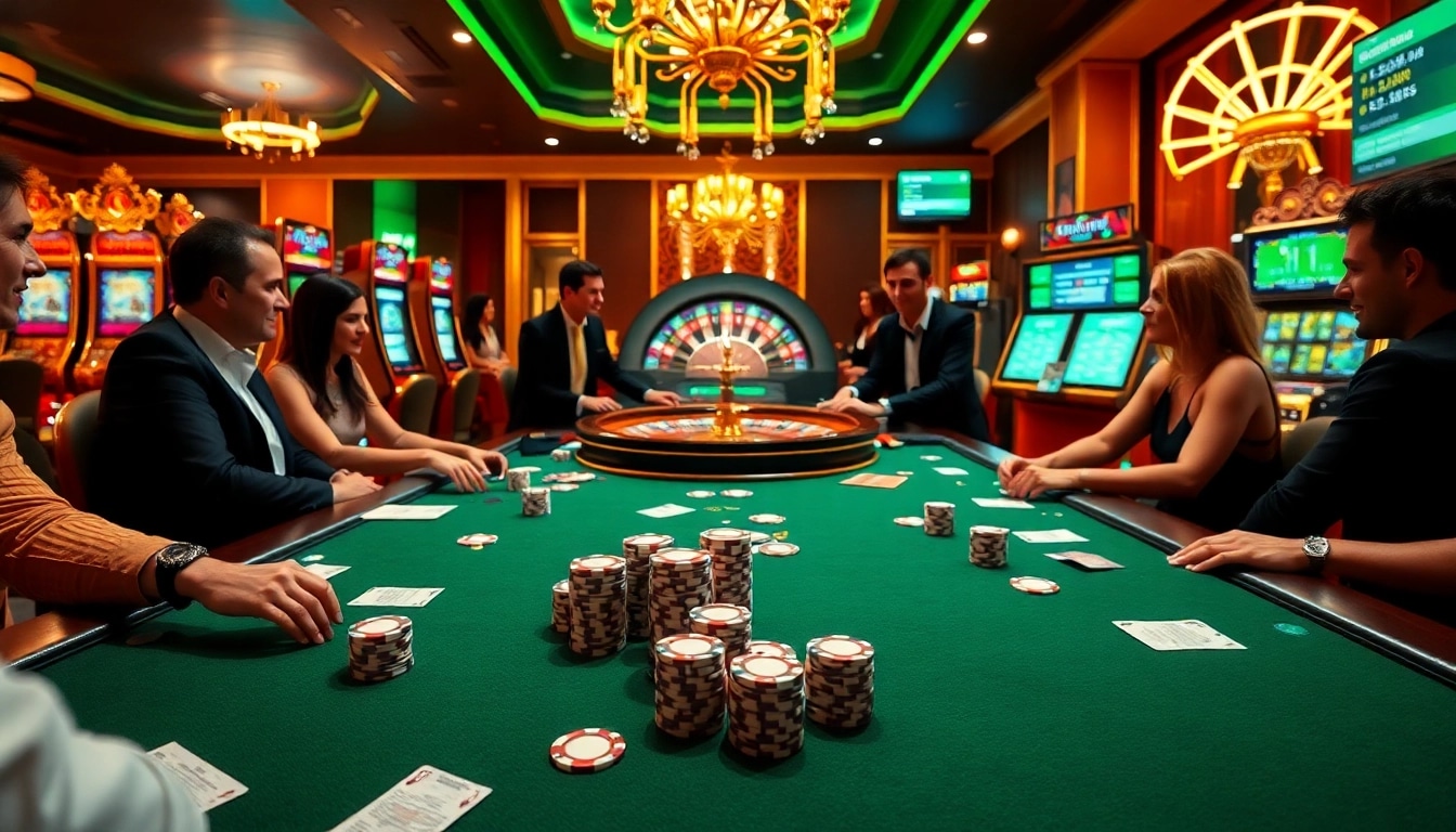 An exciting poker game scene showcasing ok365.com, featuring poker chips and cards under luxurious casino lighting.