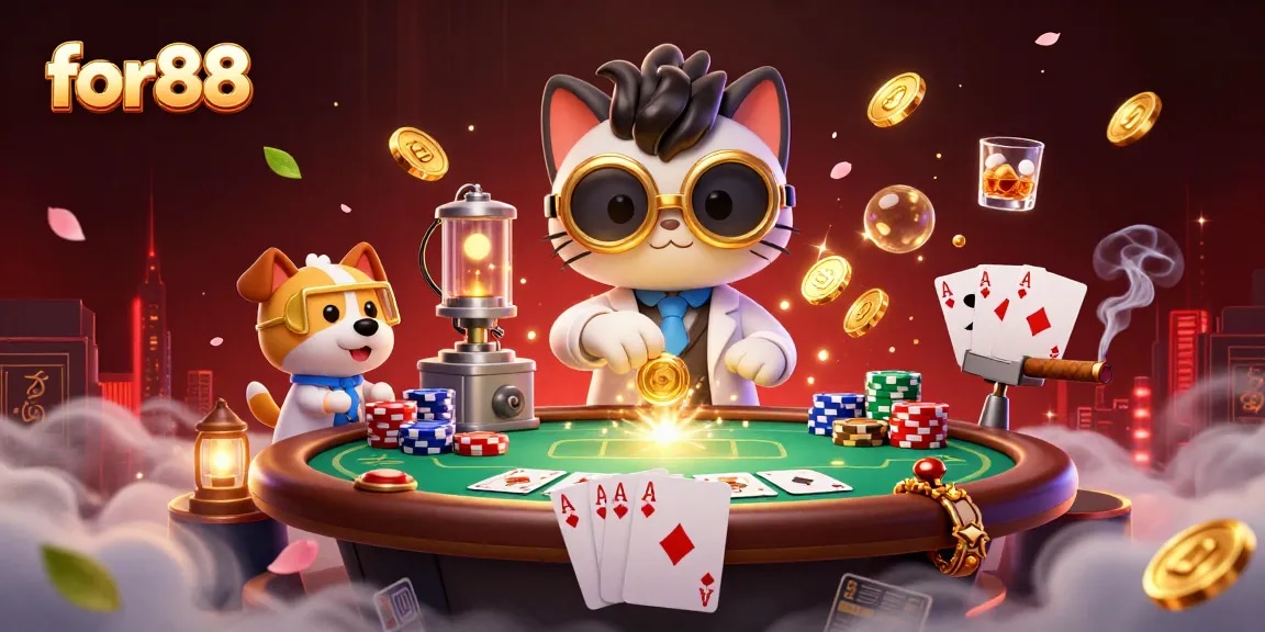 Experience gaming excitement at for88 with a vibrant 3D casino scene featuring a mad scientist cat!