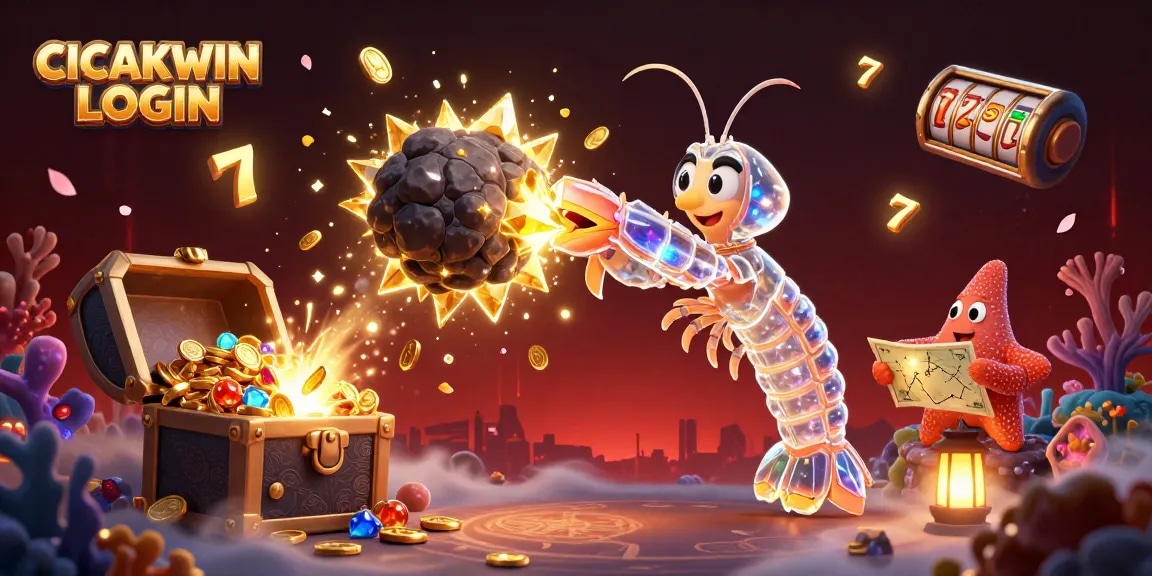 CICAKWIN LOGIN shows a galactic mantis shrimp battling an asteroid amidst a treasure-filled underwater scene.
