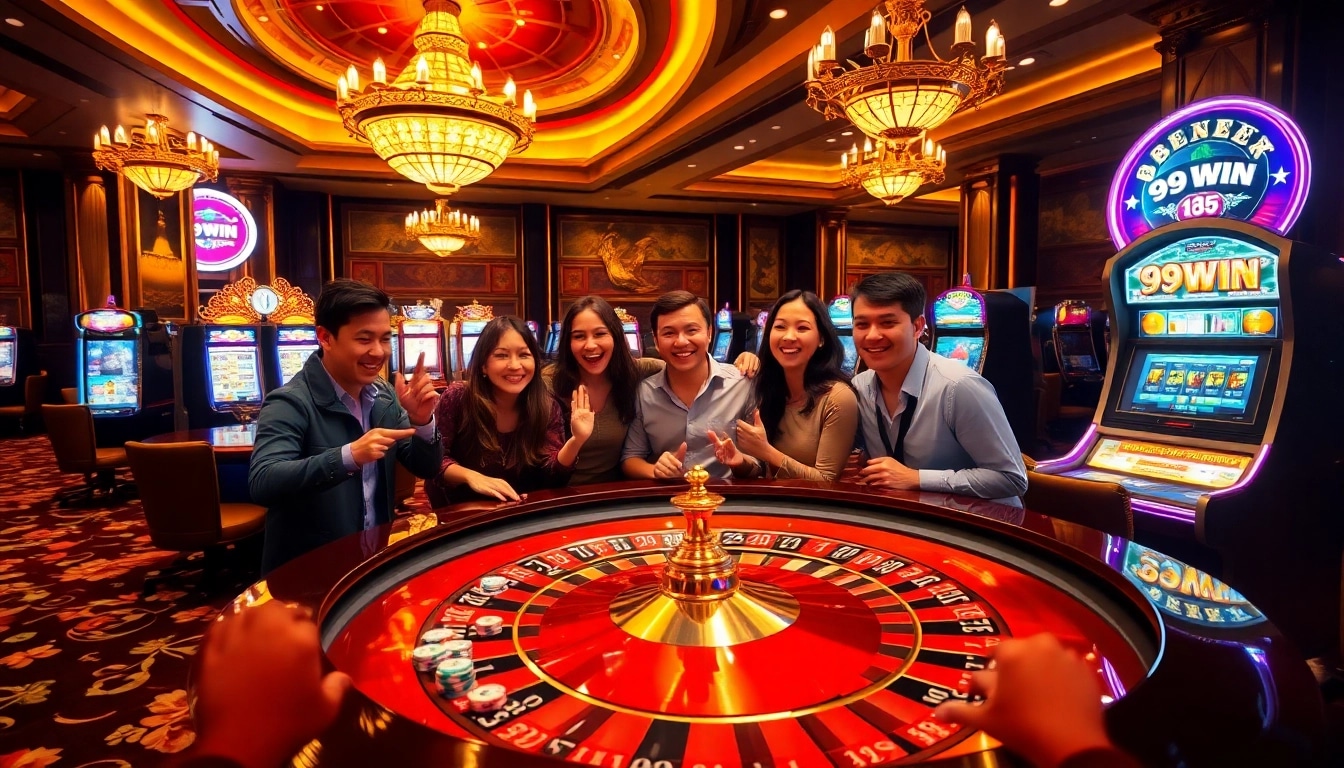 Exciting casino experience at 99WIN with roulette, poker chips and joyful players.