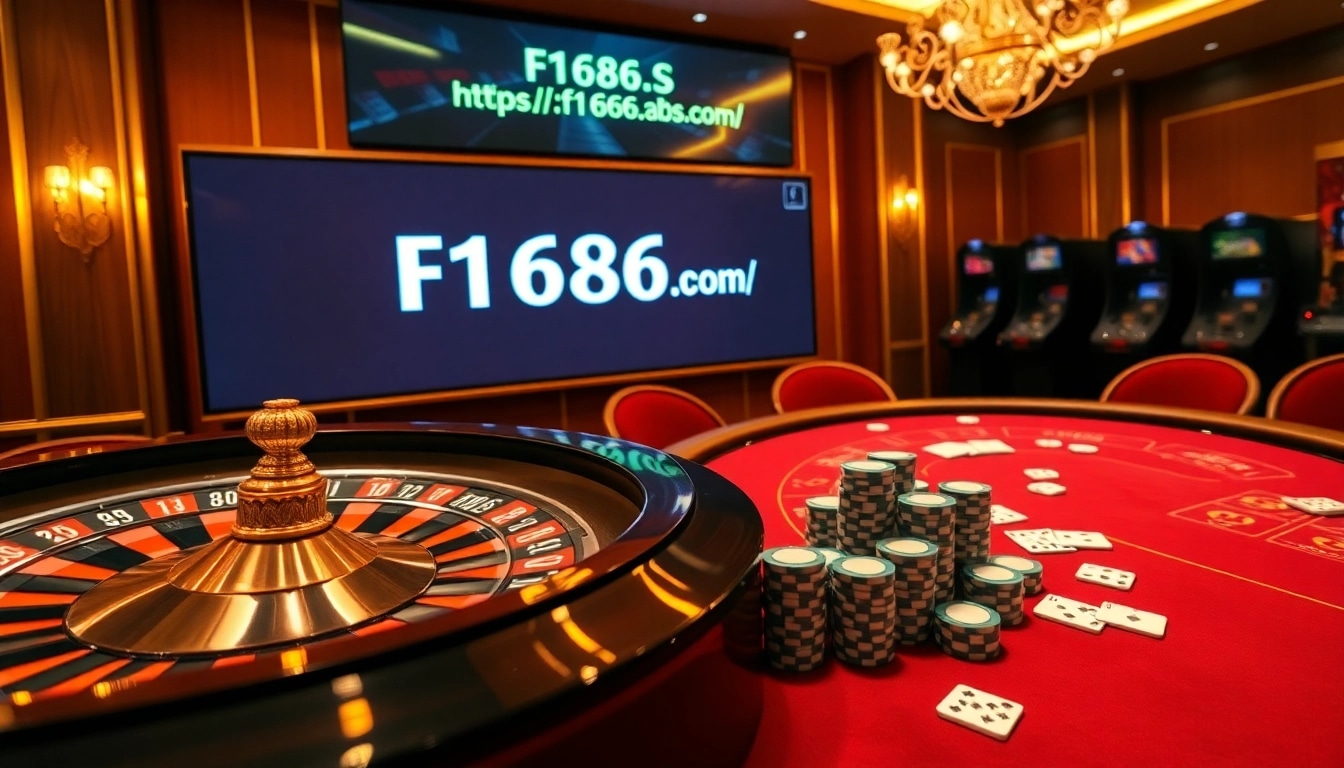 Betting excitement at a roulette table with the highlight of https://f1686s.com/ in a luxurious casino setting.