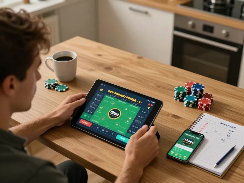 Player engaged in 12bet sports betting using tablet and smartphone in a cozy home setup.