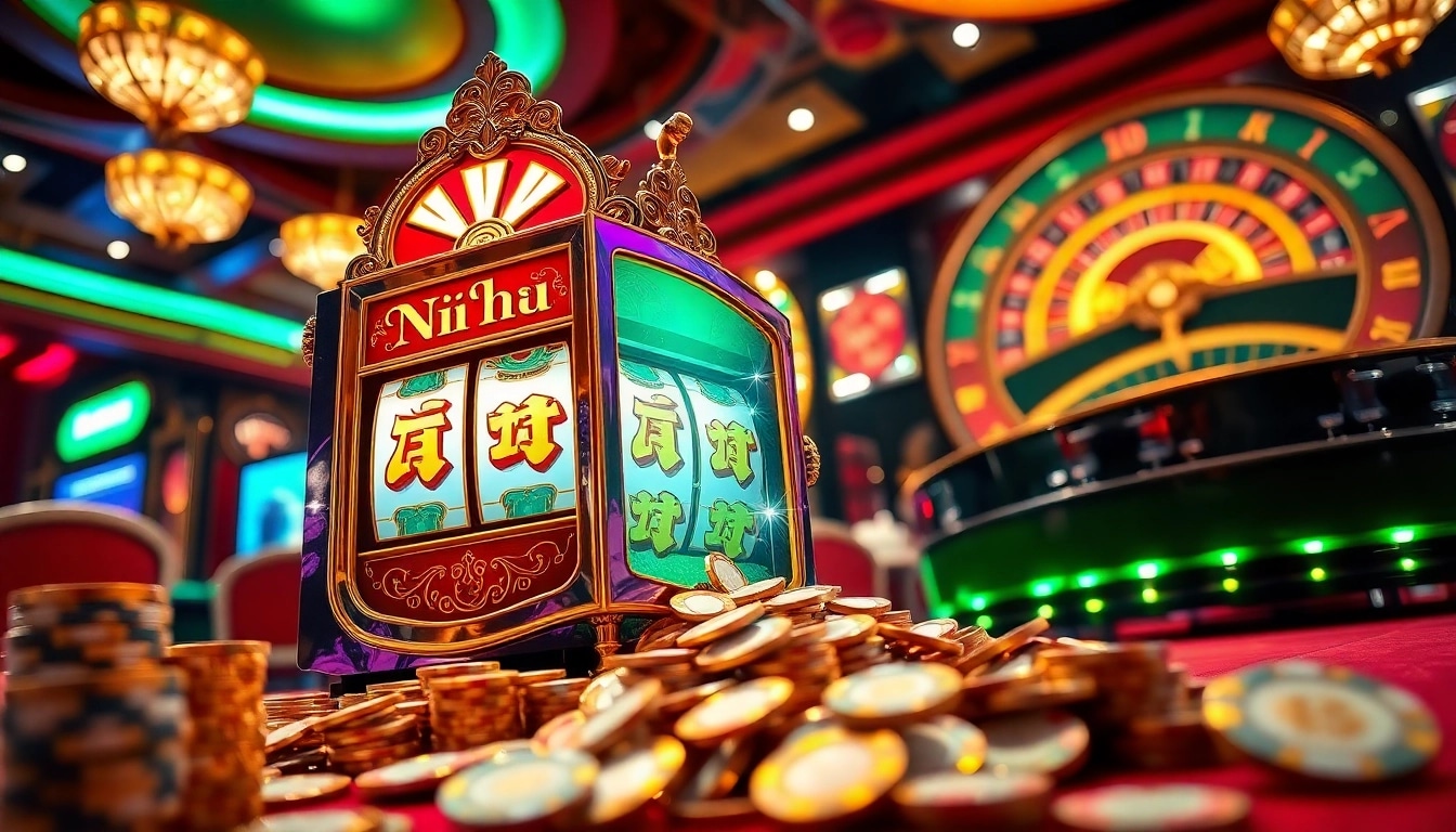 Nổ hũ slot machine surrounded by vibrant casino elements, evoking excitement and luxury.