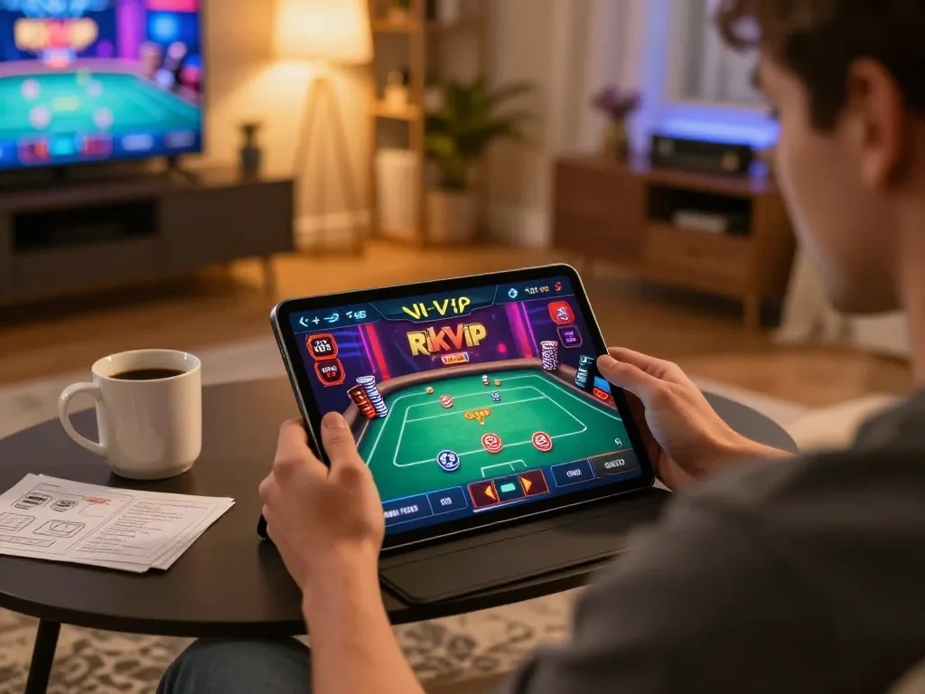 Engaged player exploring the rik vip casino app on a tablet while strategizing at home.