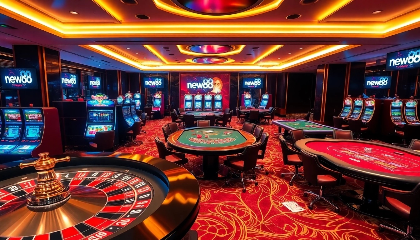 Excited gamblers engaging with high-stakes games at NEW88 casino, featuring vibrant tables and digital interfaces.