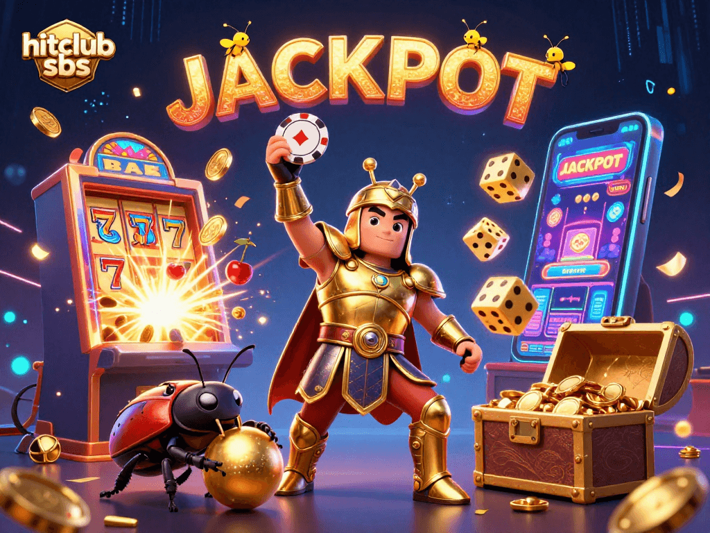 Experience the thrill of hitclub sbs with vibrant 3D illustration of a victorious beetle and dynamic casino elements.