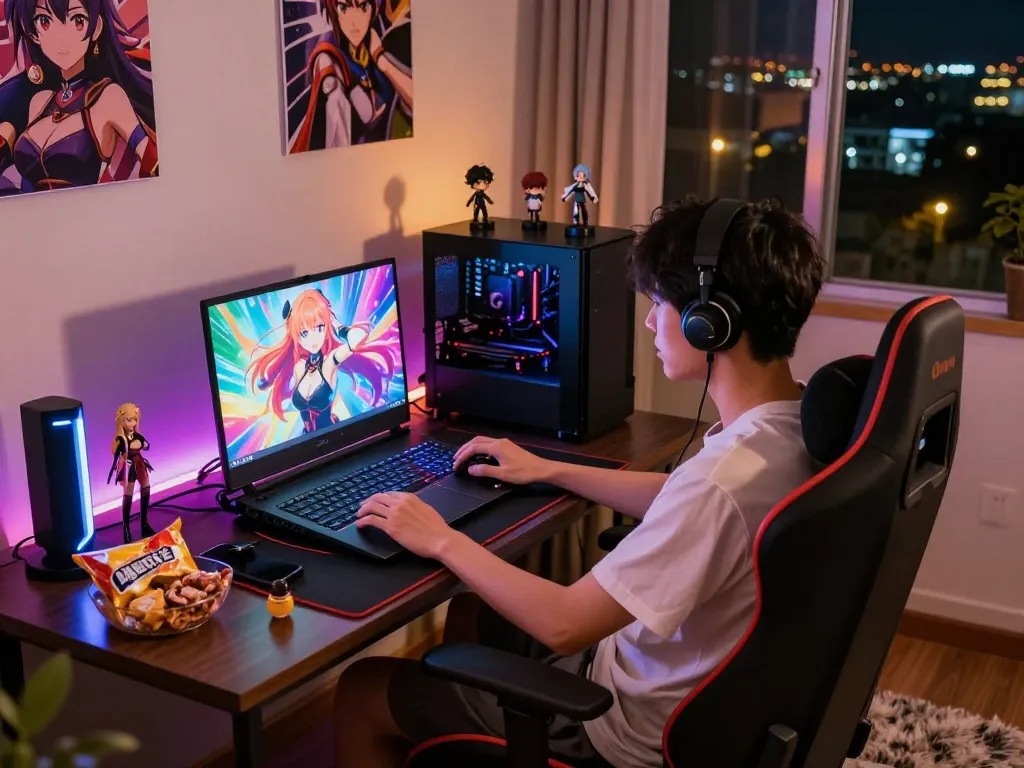 Player immersed in hentai games on a vibrant gaming laptop surrounded by anime decor and snacks.