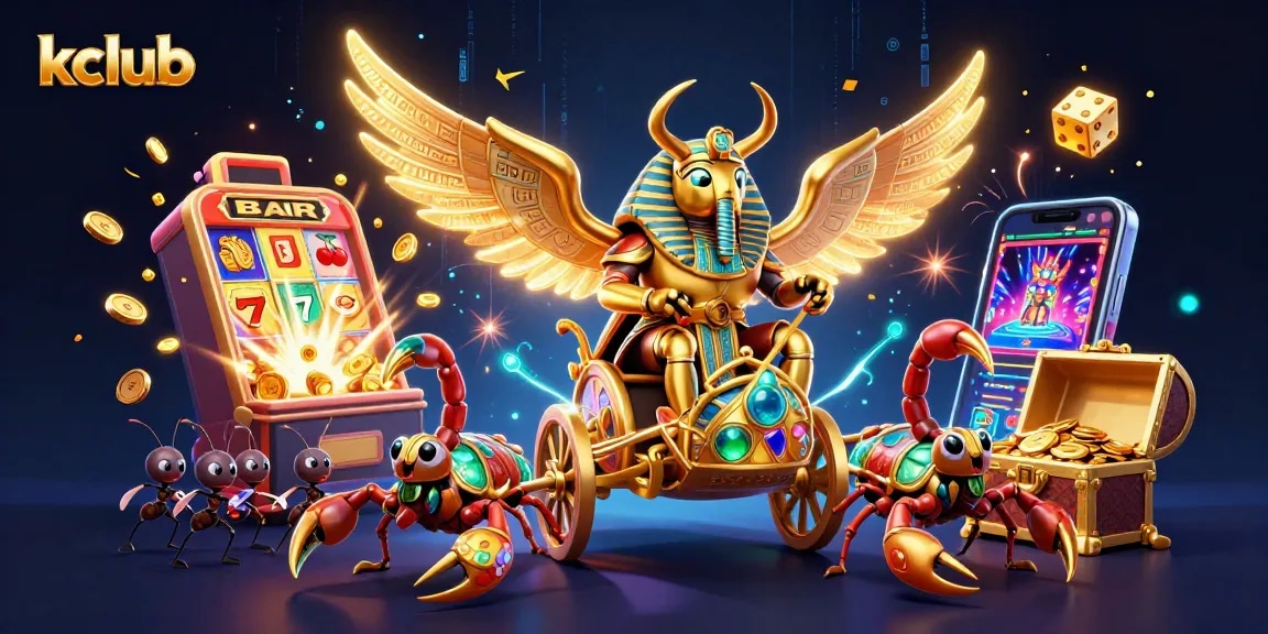 Engage with the thrilling kclub casino experience illustrated by a dynamic scene of a golden scarab beetle and 3D slot machines.