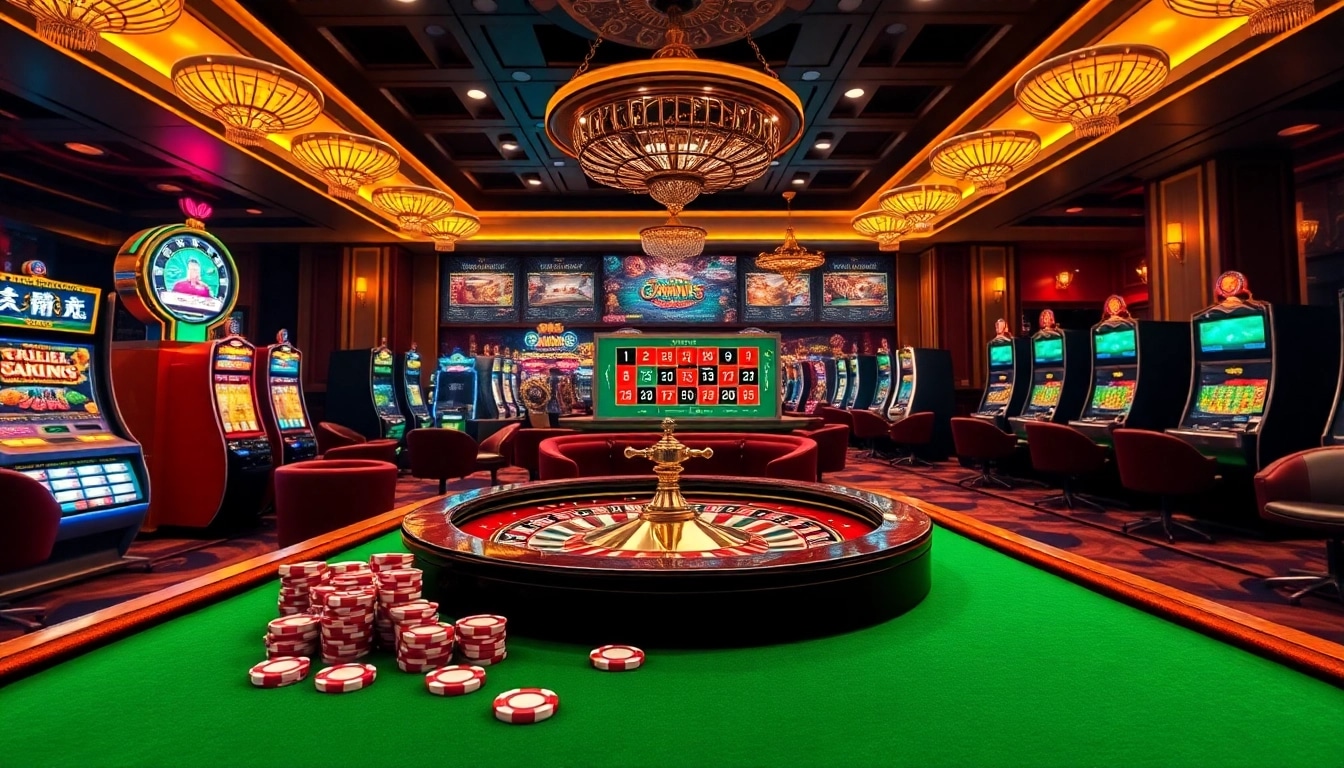 Engage with go88's vibrant online casino interface featuring roulette, slot machines, and poker chips.