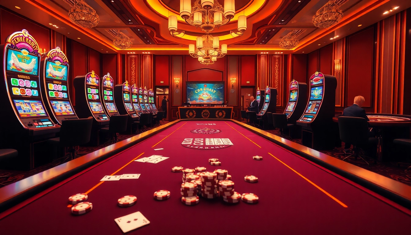Experience the thrill of winning with the VIN88 App, showcasing a luxurious casino atmosphere with vibrant gaming tables and slot machines.