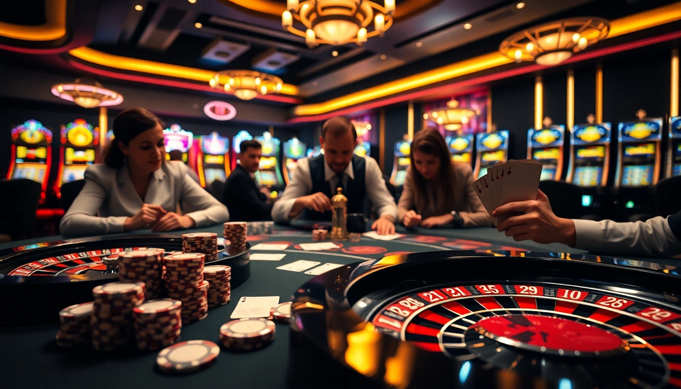 Poker players strategizing at a table reminiscent of https://zbet.nyc/ with vibrant casino elements.