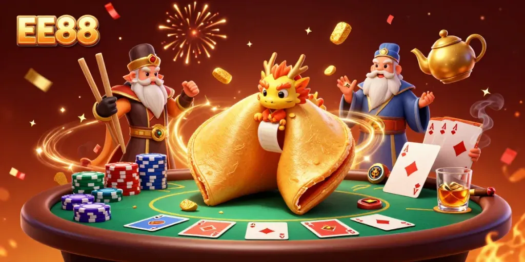 Engage in exciting fortune cookie gaming at EE88 featuring vibrant poker and casino elements.